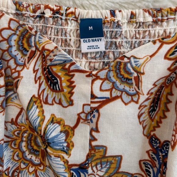 OLD NAVY Floral Linen Blend Smocked Midi Dress Cream Blue Mustard Medium - Picture 4 of 8